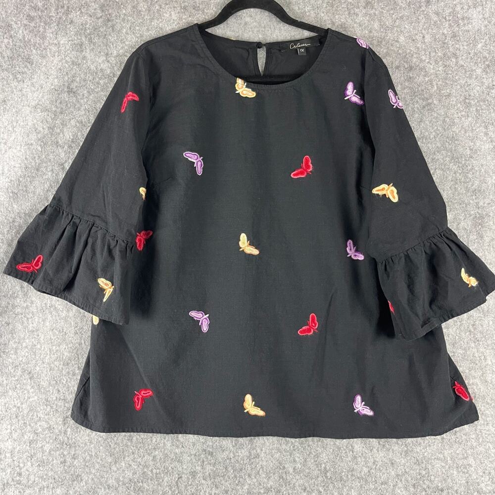 Calessa Butterfly Embroidered Top Womens 1X Black 3/4 Sleeve Whimsy Boho Artsy
